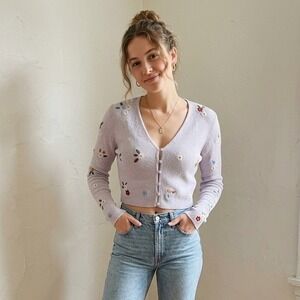 Zara Cardigan Womens Medium Purple Floral Embroidered Cropped V-Neck Knit Top